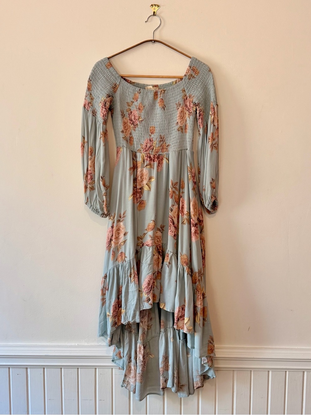 Altar'd State Dusty Blue Romantic Floral Cottagecore High-Low Maxi Dress
